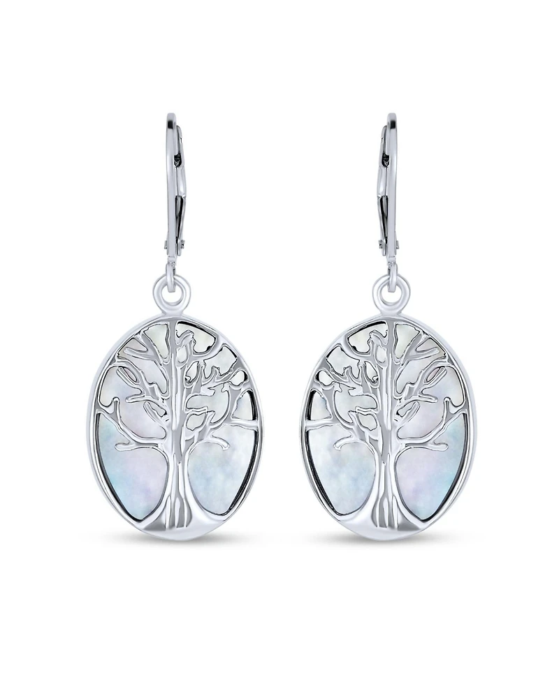 Bling Jewelry Large Oval Natural Stone Shell Lever Back Mother Of Pearl Family Tree Of Life Dangle Earrings .925 Sterling Silver
