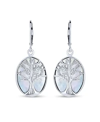 Bling Jewelry Large Oval Natural Stone Shell Lever Back Mother Of Pearl Family Tree Of Life Dangle Earrings .925 Sterling Silver