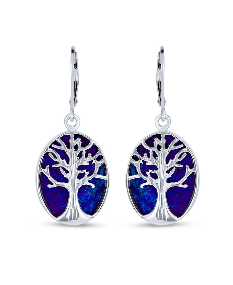 Bling Jewelry Large Oval Natural Stone Shell Lever Back Mother Of Pearl Family Tree Of Life Dangle Earrings .925 Sterling Silver