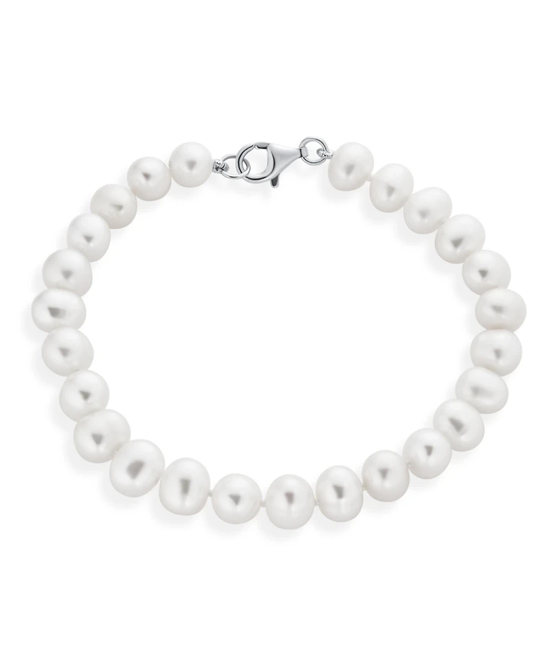 Bling Jewelry Classic Simple 7.5-8 Mm White Freshwater Cultured Pearl Hand Knotted Strand Bracelet Sterling Silver
