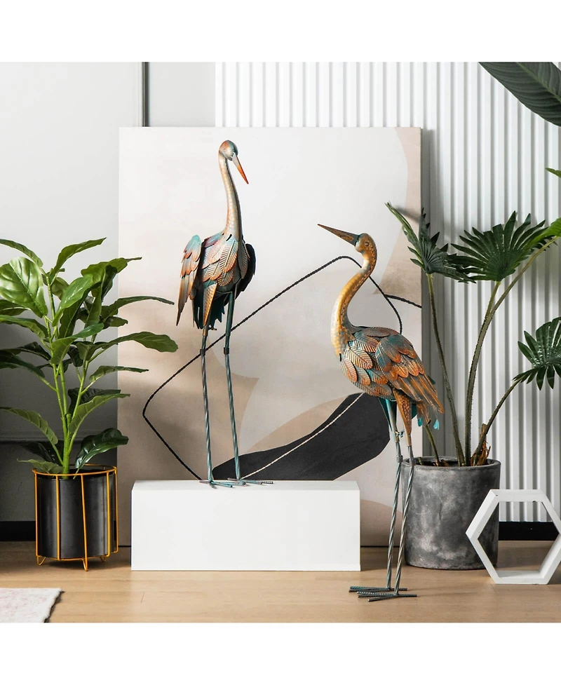 Slickblue Set of 2 Crane Garden Statues Standing Metal Crane Sculptures Bird