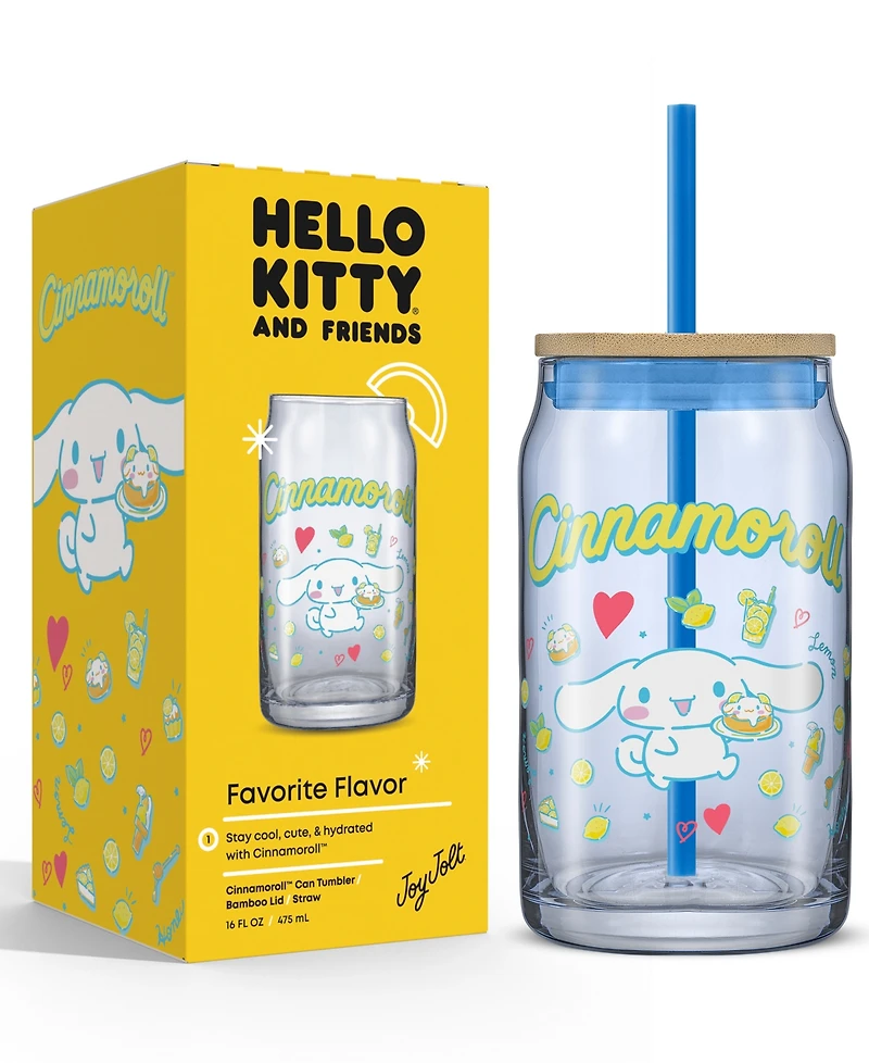 JoyJolt Hello Kitty and Friends Favorite Flavor Cinnamoroll Can Shaped Glass Tumbler with Wood Lid and Straw