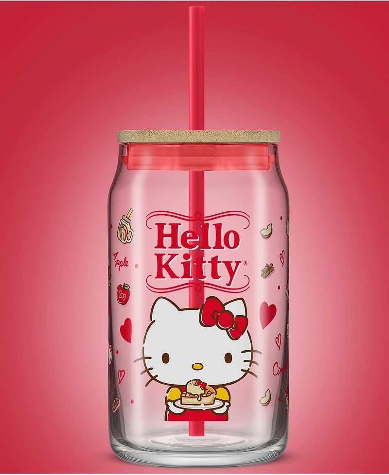 JoyJolt Hello Kitty and Friends Favorite Flavor Hello Kitty Can Shaped Glass Tumbler with Wood Lid and Straw
