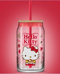 JoyJolt Hello Kitty and Friends Favorite Flavor Hello Kitty Can Shaped Glass Tumbler with Wood Lid and Straw