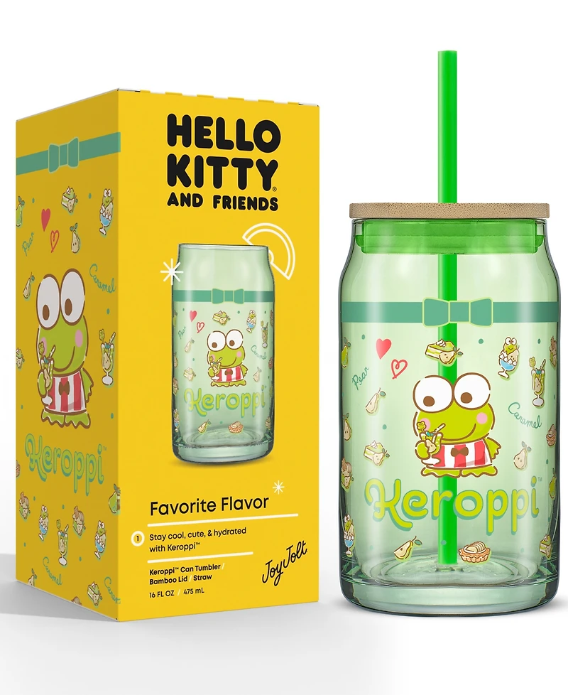 JoyJolt Hello Kitty and Friends Favorite Flavor Keroppi Can Shaped Glass Tumbler with Wood Lid and Straw