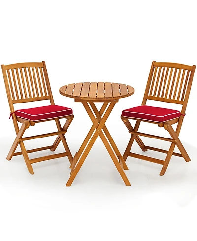 Gymax 3PCS Folding Acacia Wood Bistro Set Patio Conversation Set w/ Cushions