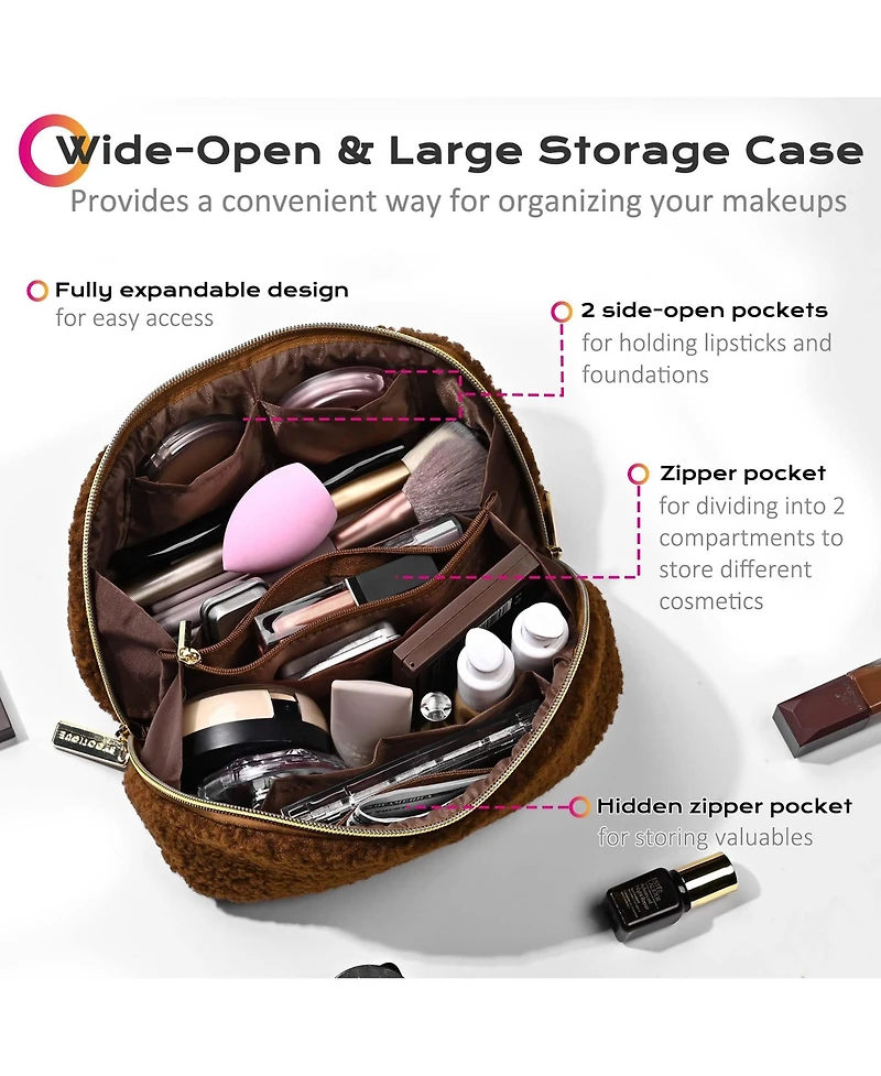 Byootique Plush Makeup Case Open Flat Travel Toiletry Accessories Organizer Bag