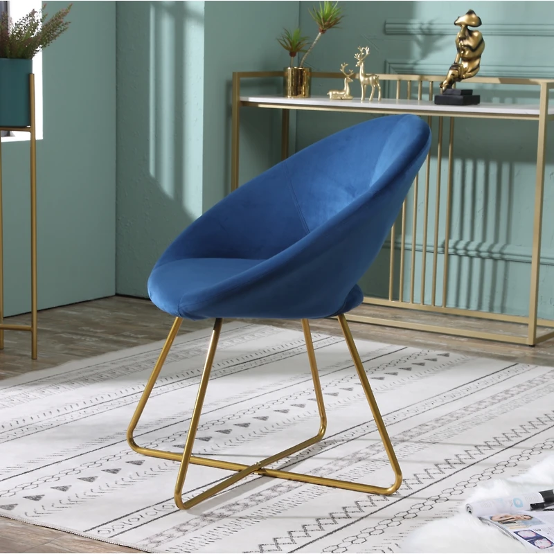 Simplie Fun Blue Silky Velvet Upholstered Accent Chair with Gold Tone Finished Base
