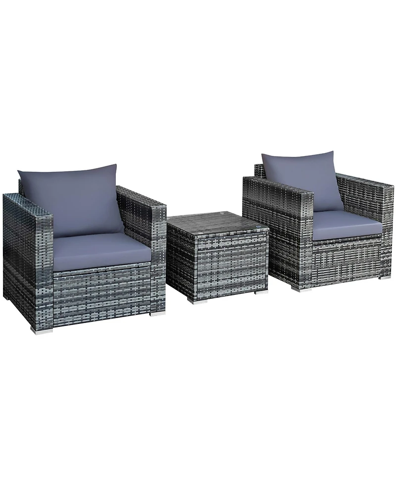 Gymax 3PCS Rattan Patio Conversation Set Outdoor Furniture Set w/ Table Cushion