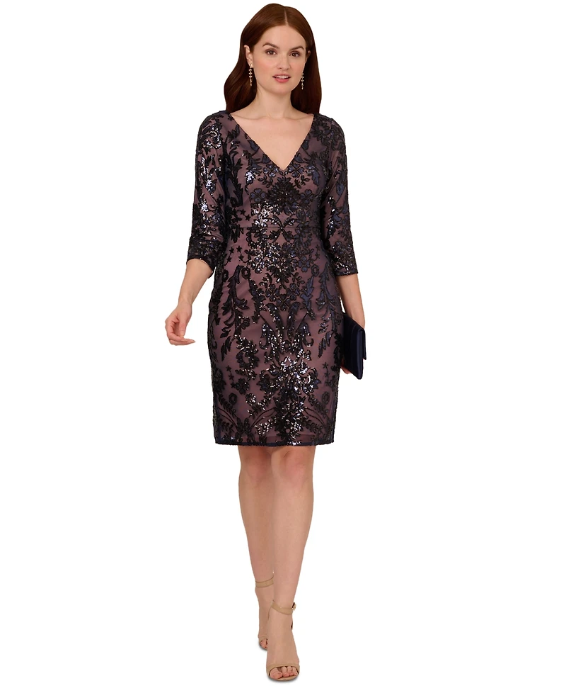 Adrianna Papell Women's V-Neck 3/4-Sleeve Sheath Dress