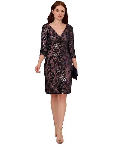 Adrianna Papell Women's V-Neck 3/4-Sleeve Sheath Dress