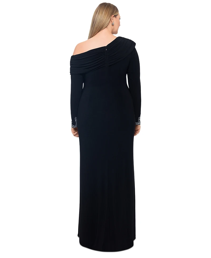 Betsy & Adam Plus Off-Shoulder Embellished-Cuff Dress