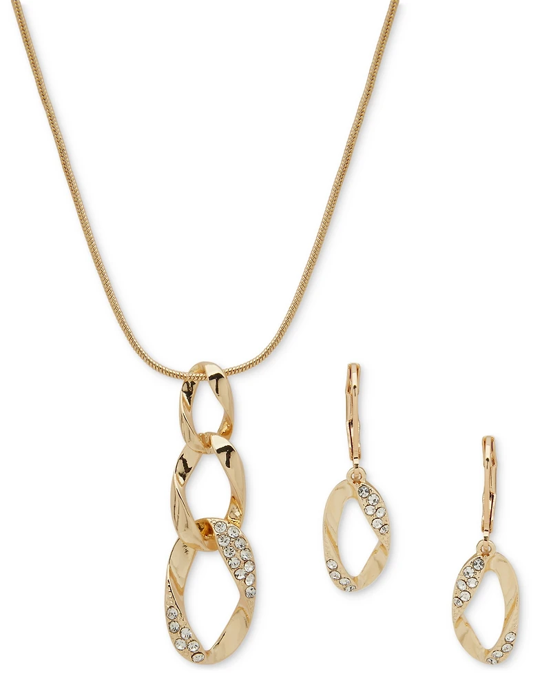 Anne Klein Gold-Tone Pave Link Pendant Necklace & Drop Earrings Set