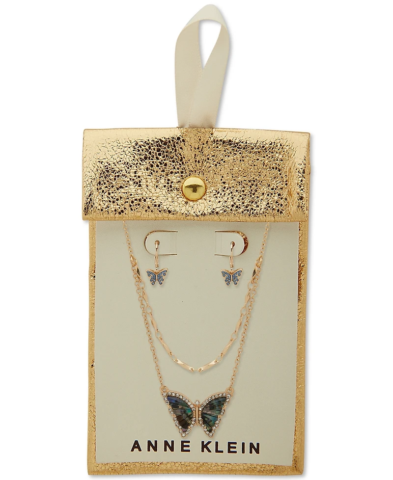 Anne Klein Gold-Tone Pave & Stone Layered Pendant Necklace Drop Earrings Set