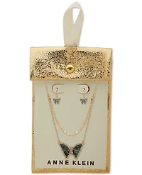 Anne Klein Gold-Tone Pave & Stone Layered Pendant Necklace Drop Earrings Set