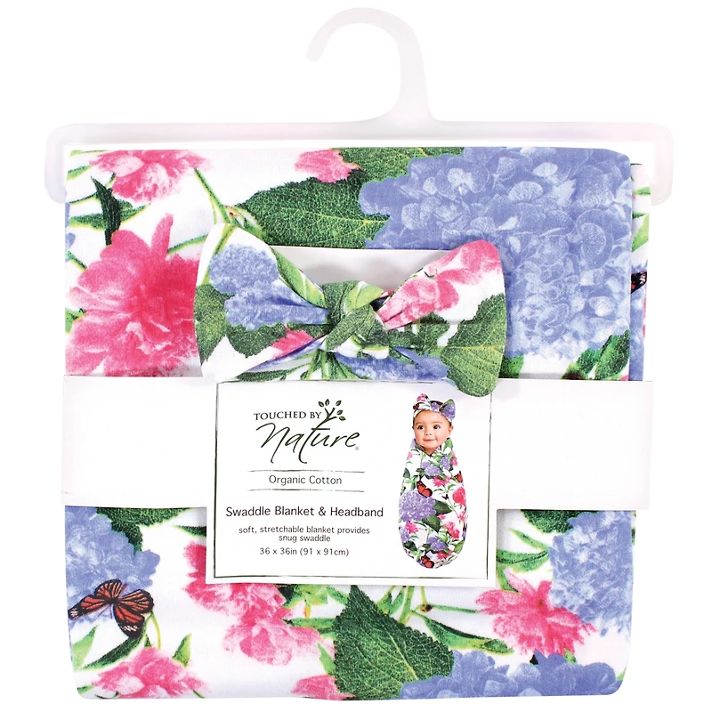 Touched by Nature Girls Organic Cotton Swaddle Blanket and Headband or Cap