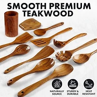 Zulay Kitchen 12-Piece Teak Wooden Utensils for Cooking - Natural Teak Utensil Set