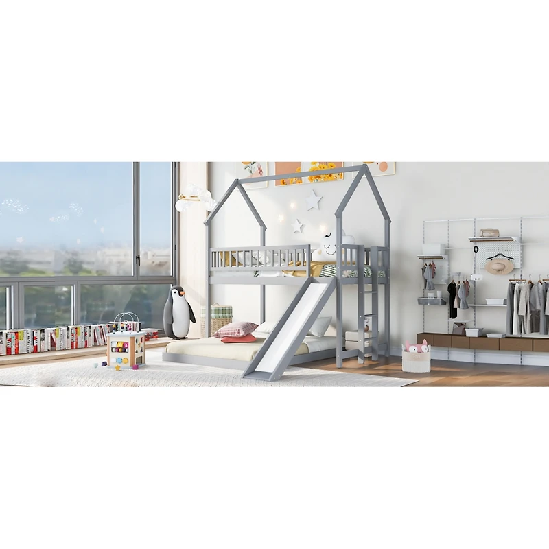 Simplie Fun Twin Over Full House Bunk Bed With Slide And Built-In Ladder, Full-Length Guardrail