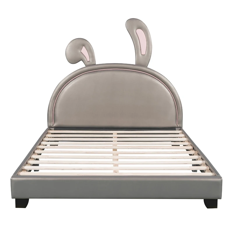 Streamdale Full Upholstered Leather Platform Bed With Rabbit Ornament, Pink