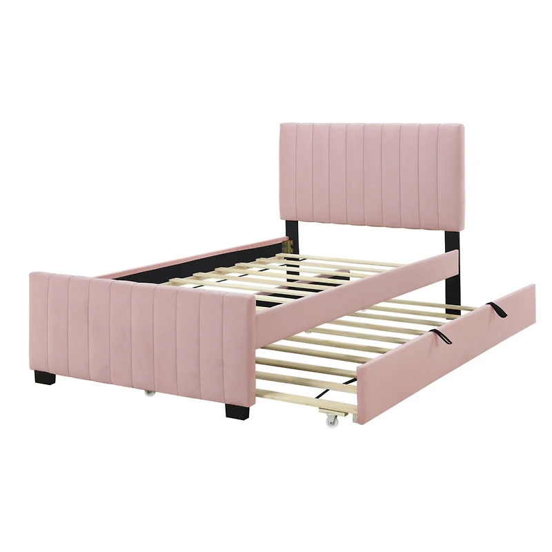 Streamdale Twin Size Velvet Upholstered Platform Bed With Twin Size Trundle, Pink