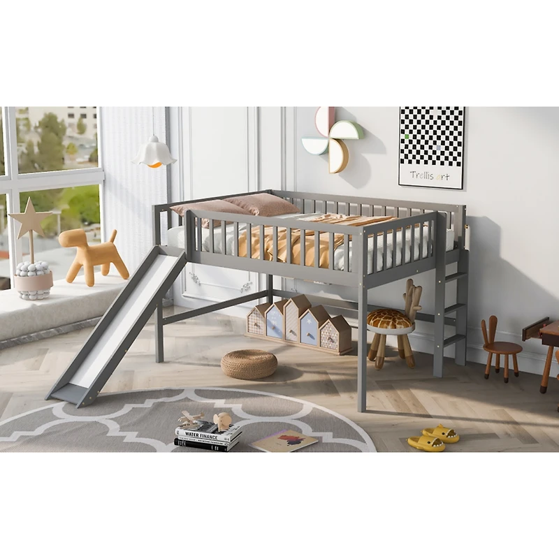 Streamdale Full Size Low Loft Bed With Ladder And Slide