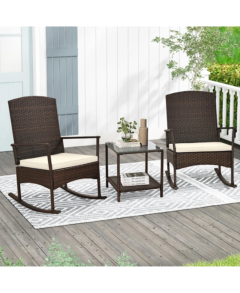 Gymax 3 Pieces Rocking Wicker Bistro Set Outdoor Front Porch Rocker Chairs Conversation Turquoise