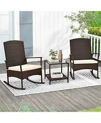 Gymax 3 Pieces Rocking Wicker Bistro Set Outdoor Front Porch Rocker Chairs Conversation Turquoise