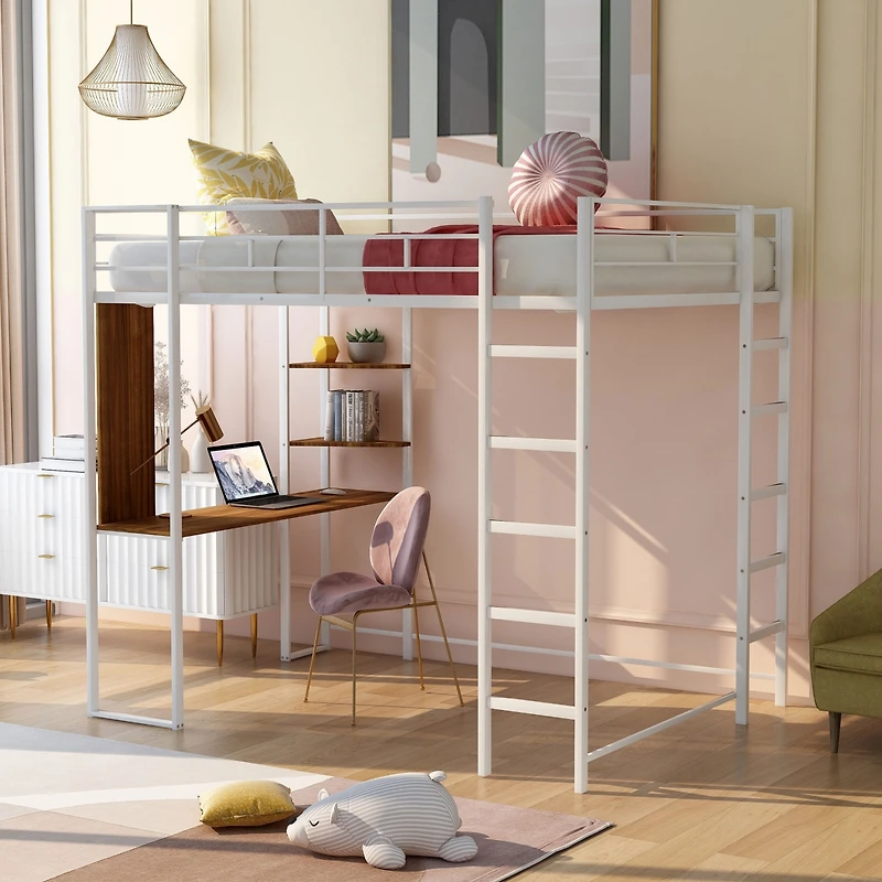 Streamdale Full Metal Loft Bed With 2 Shelves And One Desk