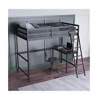 Emma+Oliver Ridley Twin Wood Loft Bed Frame With Protective Guardrails And Integrated Desk Ladder For Use Any 6-8" Thick Mattress