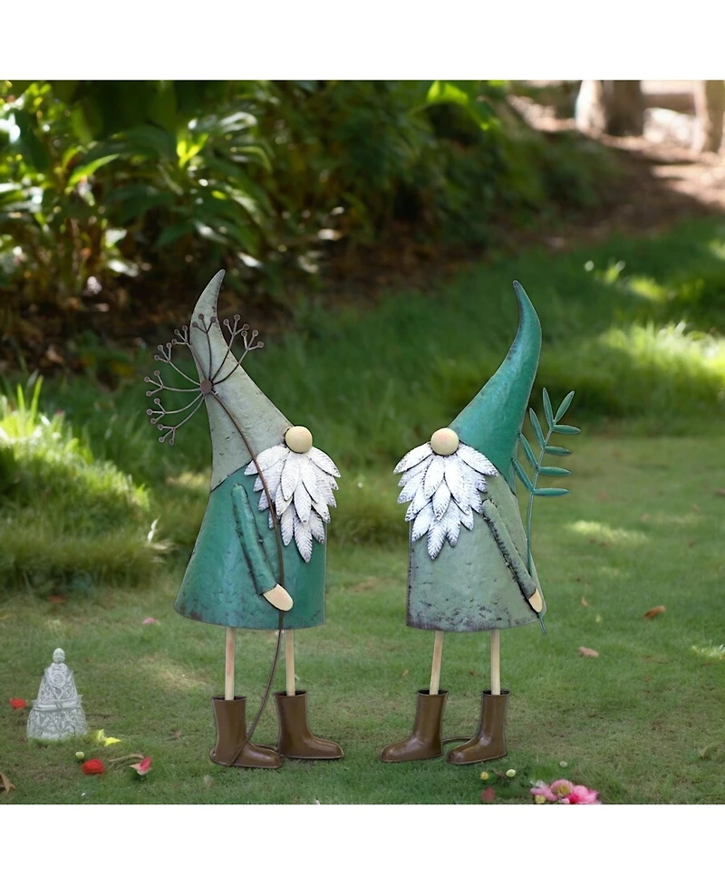 Slickblue Iron Metal Standing Garden Gnome With Flower (Set of 2)