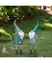 Slickblue Iron Metal Standing Garden Gnome With Flower (Set of 2)