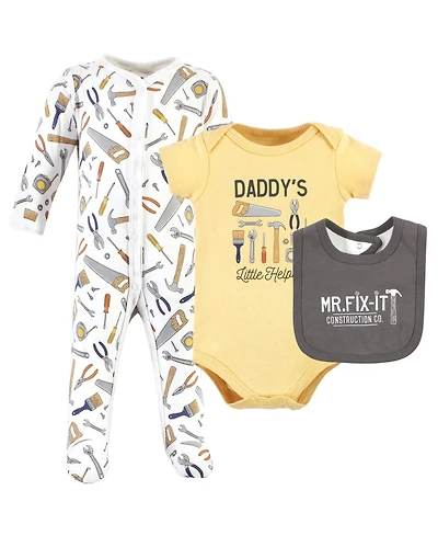 Hudson Baby Boys Cotton Essentials Set Sleep 'n Play Jumpsuit, Bodysuit, and Bandana Bib