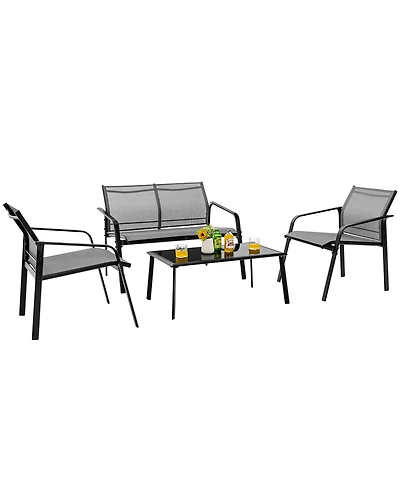 Gymax 4PCS Patio Conversation Futniture Set w/ Fabric and Anti-Rust Steel Frame Grey