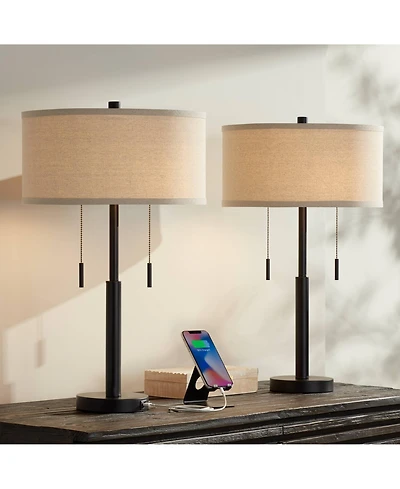 Franklin Iron Works Bernie Industrial Table Lamps 25" High Set of 2 Rich Bronze with Usb Charging Port Tan Drum Shade for Bedroom Living Room Bed
