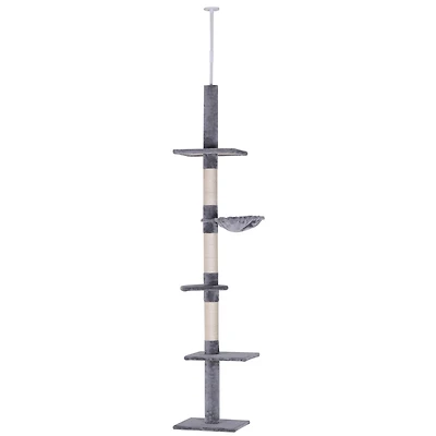 PawHut 8.5' Adjustable Floor-To-Ceiling Cat Tree w/ 5 Carpet Platforms,