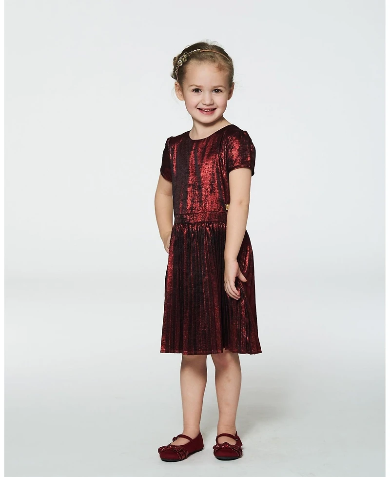 Deux par Deux Toddler Girls Short Sleeve Dress With Pleated Skirt Metallic Red