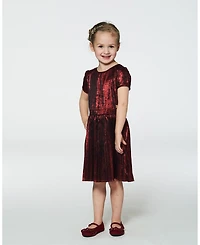 Deux par Deux Toddler Girls Short Sleeve Dress With Pleated Skirt Metallic Red