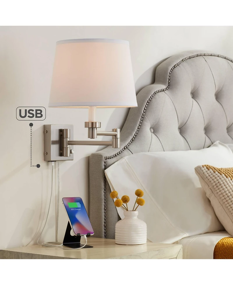 360 Lighting Vero Modern Swing Arm Wall Lamp Brushed Nickel Plug-in Light Fixture with Usb Charging Port White Drum Shade for Bedroom Bedside Reading