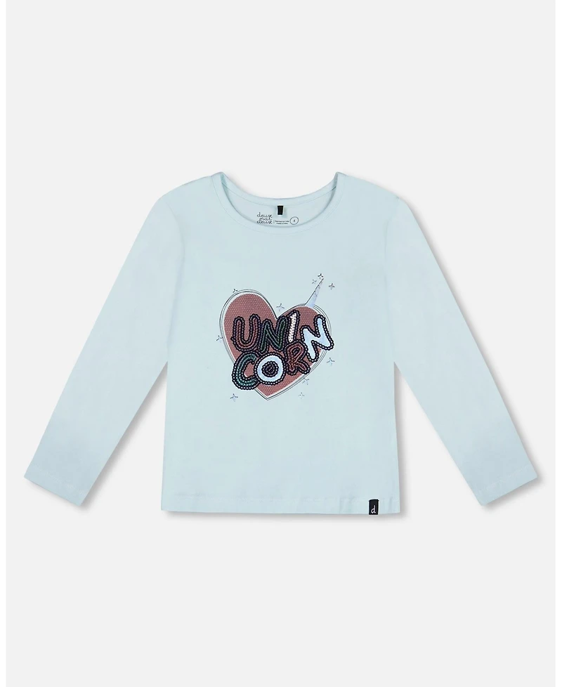 Deux par Big Girls Organic Cotton T-Shirt With Print Light Blue