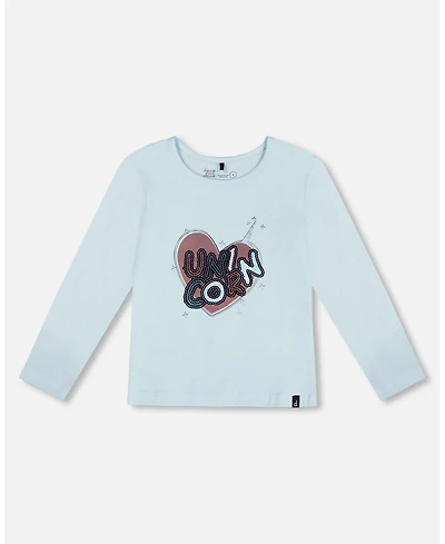 Deux par Big Girls Organic Cotton T-Shirt With Print Light Blue