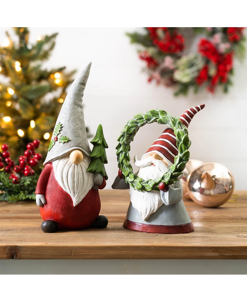Slickblue Holiday Gnome Figurine with Pine Tree and Wreath Accent (Set of 2)