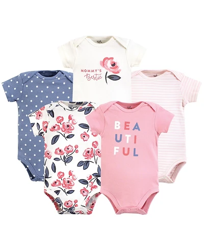 Touched by Nature Baby Girls Organic Cotton Bodysuits 5pk, Poppy, 3-6 Months