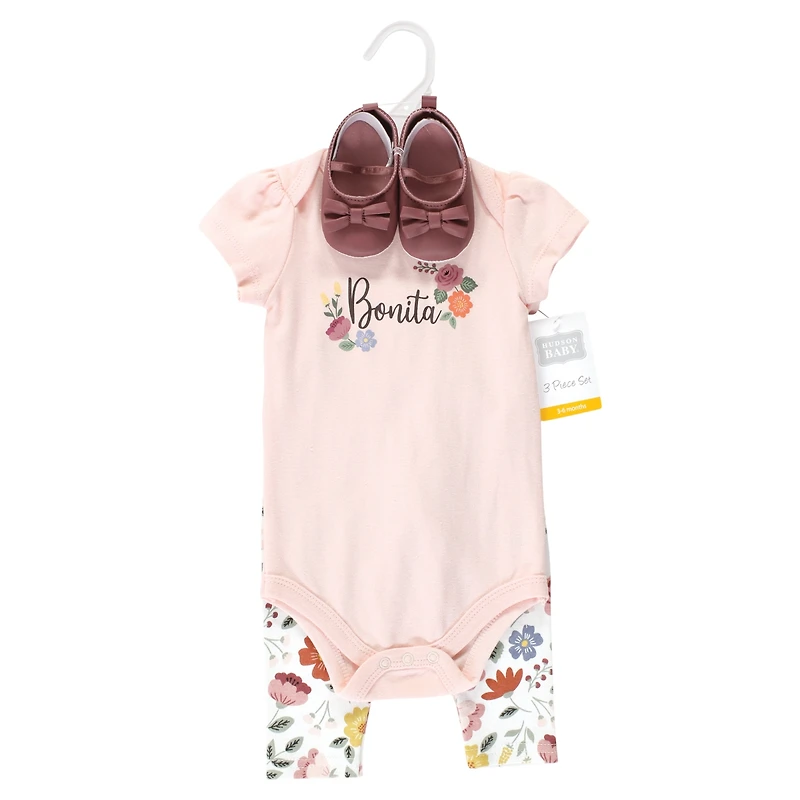 Hudson Baby Girls Cotton Bodysuit, Pant and Shoe Set