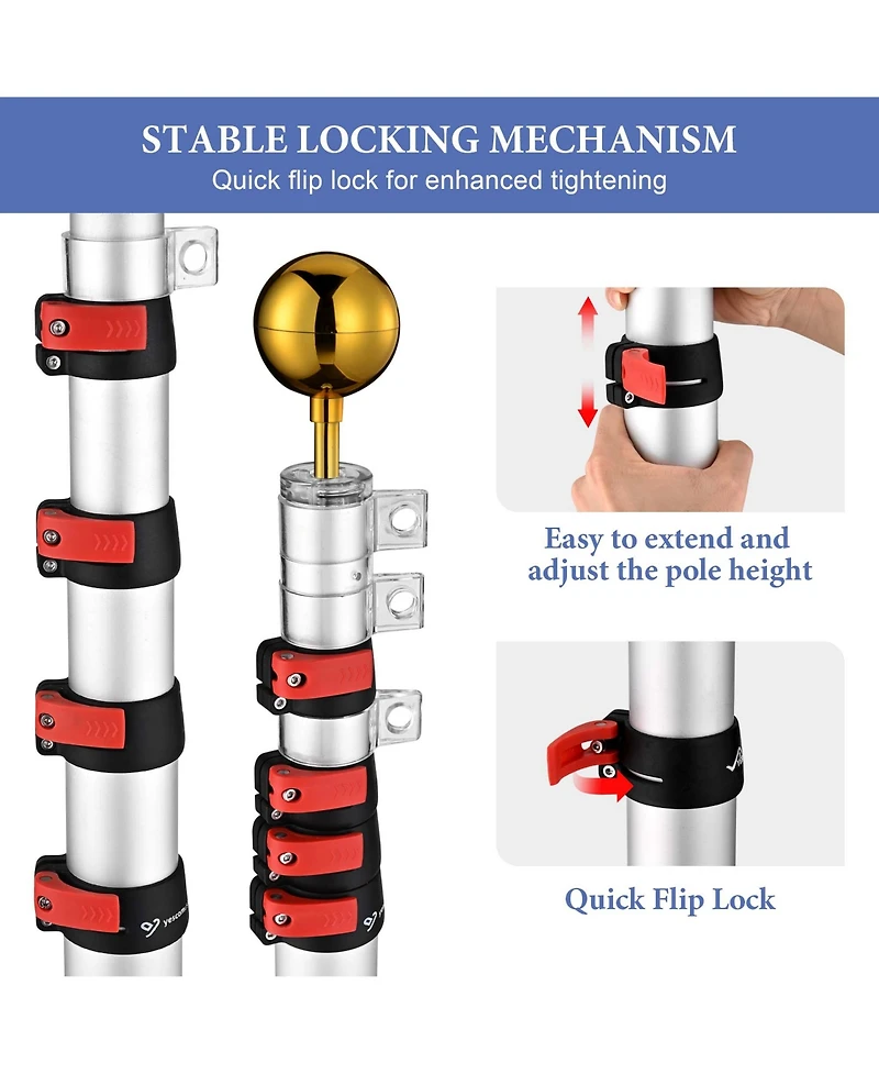 Yescom 20' Telescopic Aluminum Flag Pole Kit Tire Mount Stand w/ Gold Ball Finial Outdoor