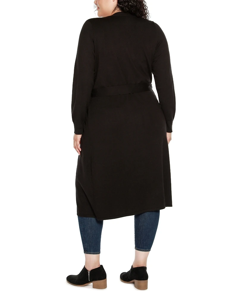 Belldini Black Label Plus Rhinestone-Trim Belted Duster Cardigan Sweater