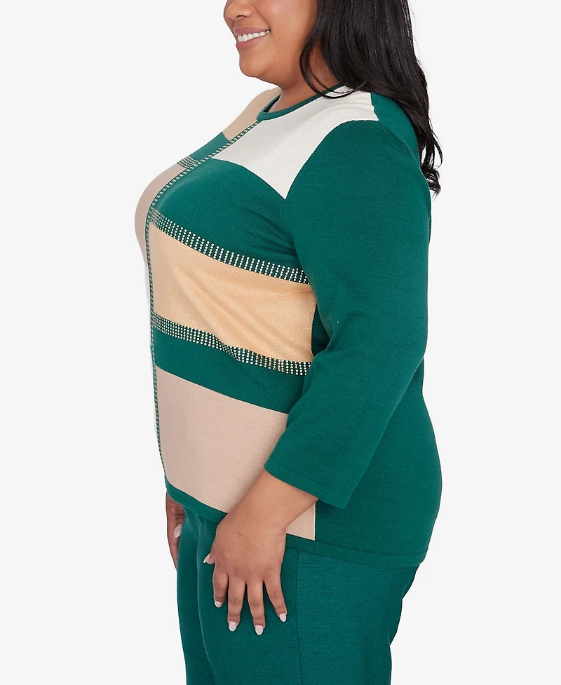 Alfred Dunner Plus Size Emerald Isle Colorblock Gold Trim Sweater