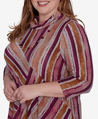 Alfred Dunner Plus Size Wine Country Spliced Stripe Cowl Neck Top With Necklace