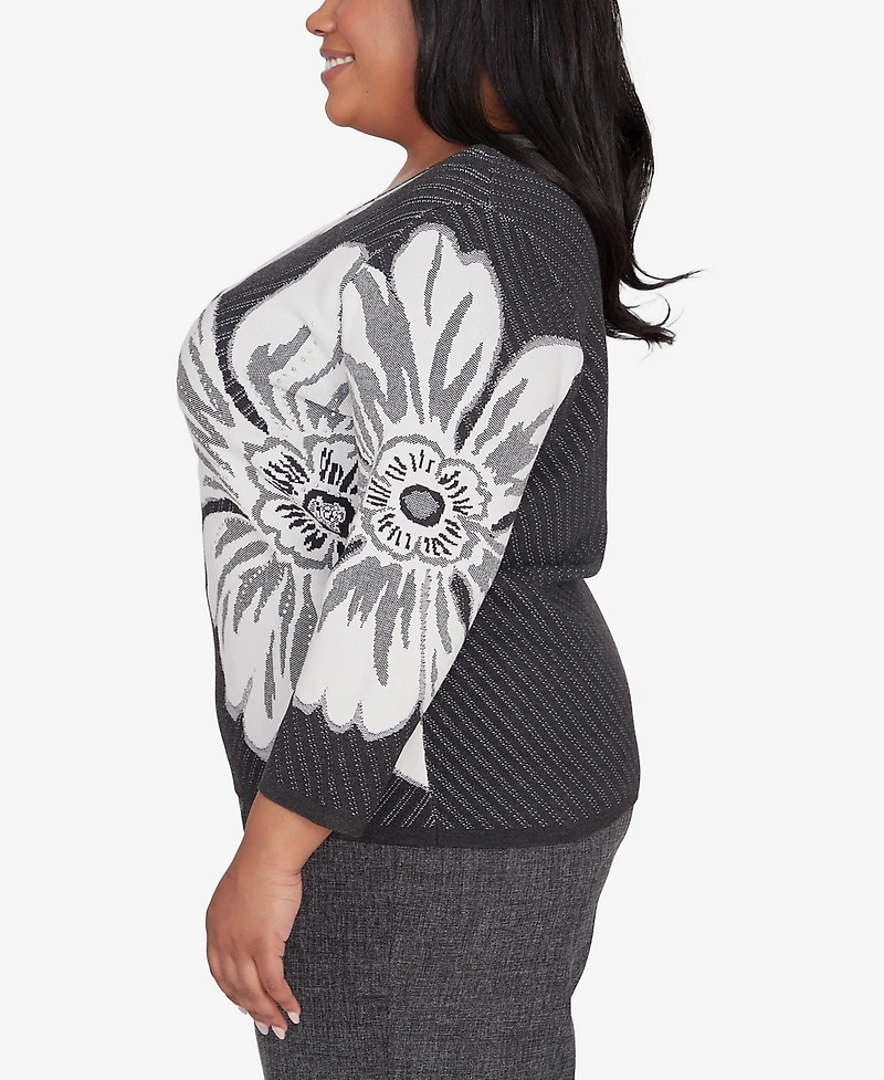 Alfred Dunner Plus Size Worth Avenue Bold Floral Textured Sweater