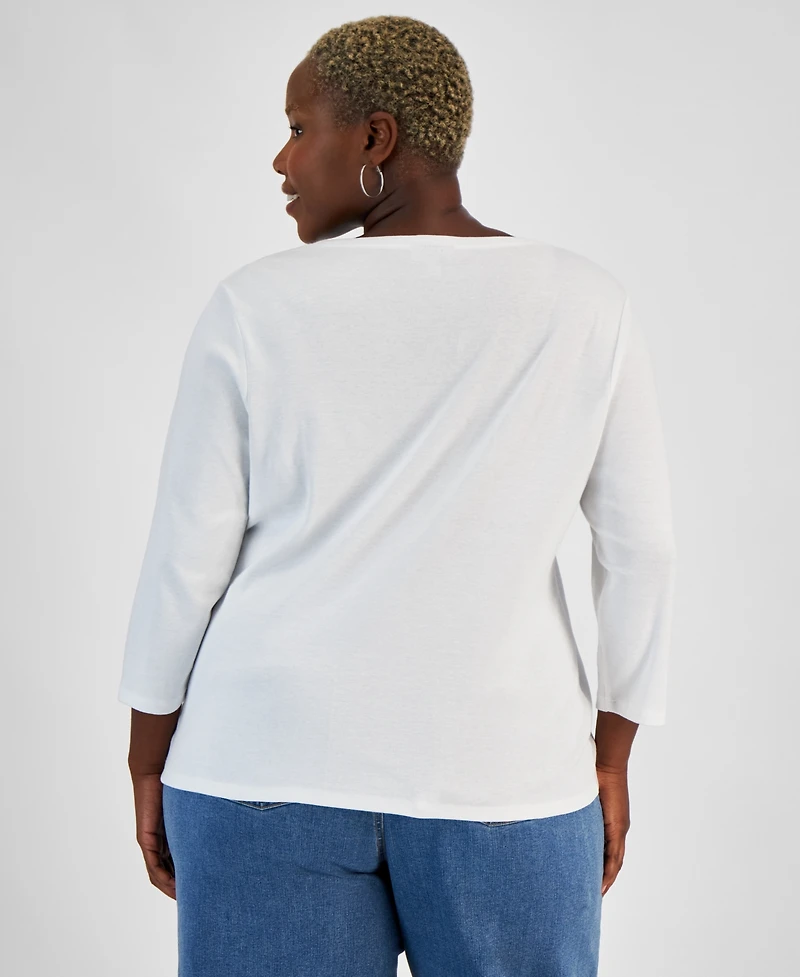 Style & Co Plus 3/4-Sleeve Cotton Henley Top, Exclusively at Macy's