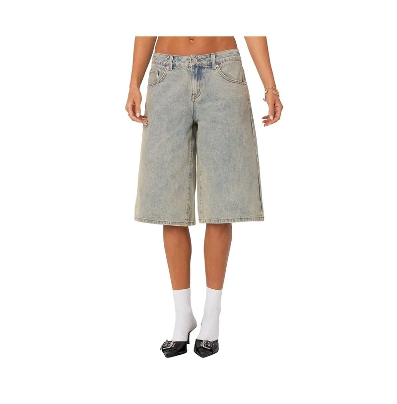 Edikted Women's Xtra Long Acid Wash Denim Bermuda Shorts